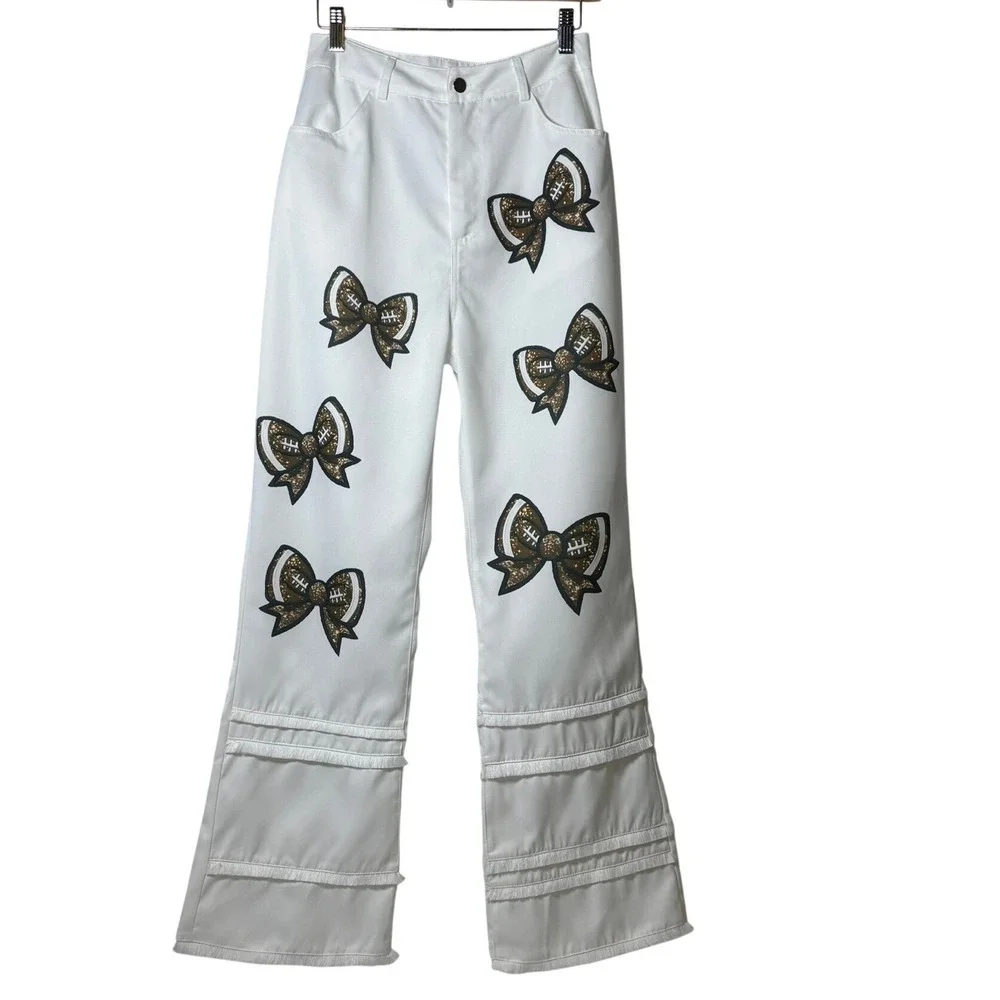 Football Bow Wide Leg Womens Sz. Small White Fringe Gameday‎ Pants